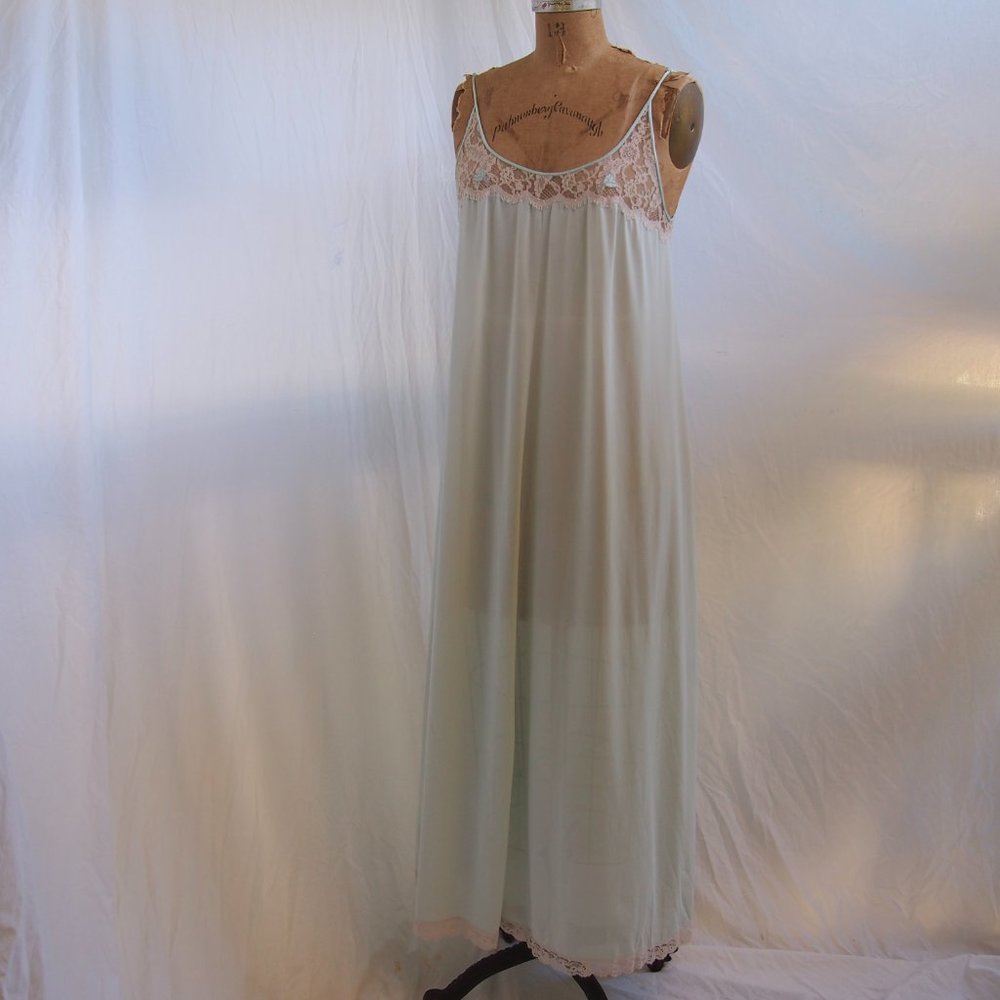 vtg 70s LUCIE ANN Claire Sandra Green Full Sweep Nightgown Beverly Hills LACE M - Picture 4 of 11